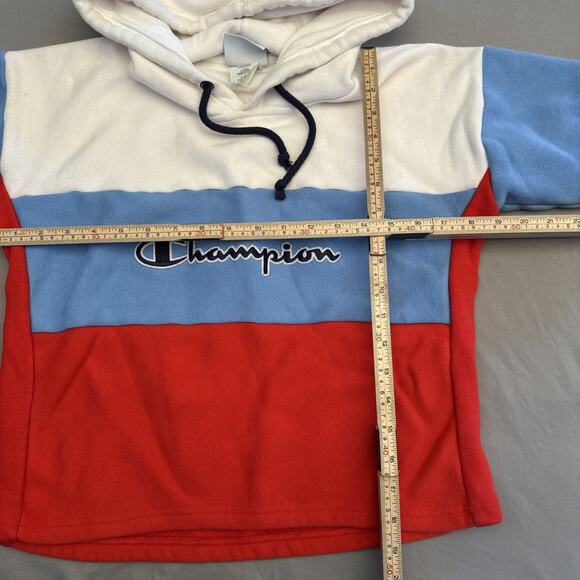 Champion Sweater Womens Medium Blue Red Reverse Weave Hooded Retro Split Sleeves - Picture 9 of 13